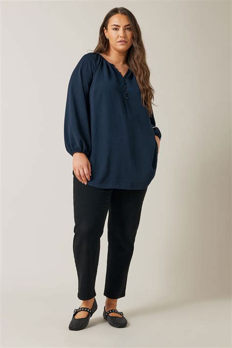 EVANS Plus Size Navy Blue Button Front Long Sleeve Blouse | Evans