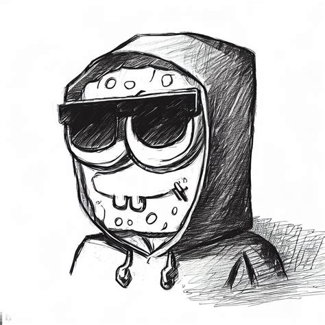 Spongebob as the unabomber's sketch, wearing sunglasses and a hoodie, realistic police sketch ...