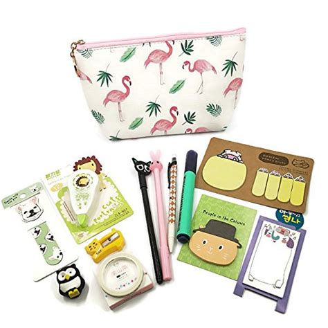 Kawaii School Supplies : Flamingo Pencil Pouch, Green Highlighter ...
