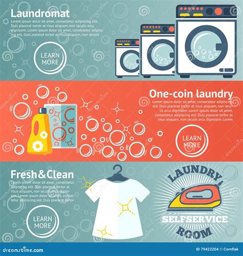 Set of Laundry Banners with Laundromat, Detergents, Iron and Clothes ...