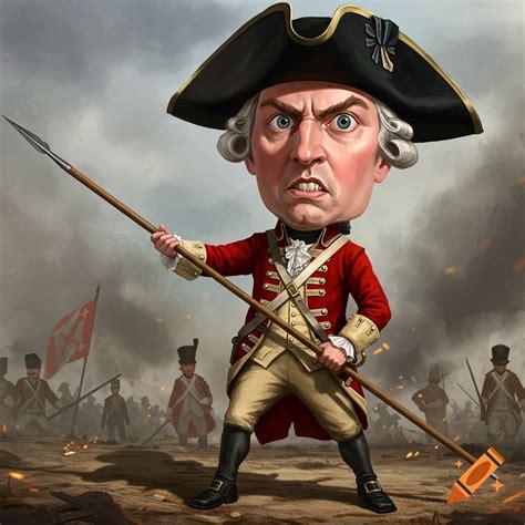 Caricature of a 1700s British red coat soldier with a big head holding ...