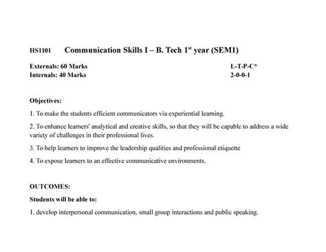 E1 CSI SEM1 Syllabus - HS1101 Communication Skills I – B. Tech 1st year ...