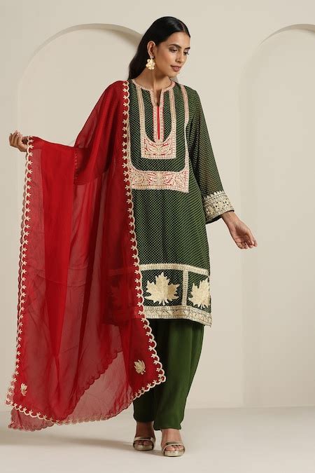 Buy Green Crepe, Georgette Embroidery Split V-neck Paisley Tilla Kurta ...