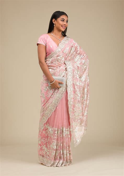 Buy Peach Zariwork Tissue Saree - Koskii