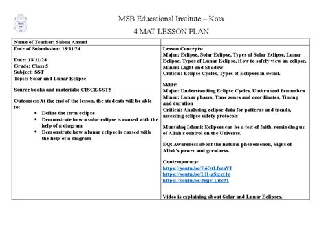Lesson 10-Lesson plan - MSB Educational Institute – Kota 4 MAT LESSON ...