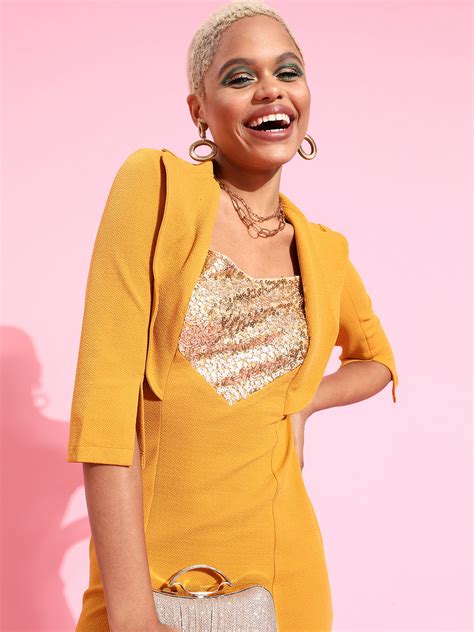 Crease Ease Women's Mustard & Golden Solid Sequin Paneled Blazer dress