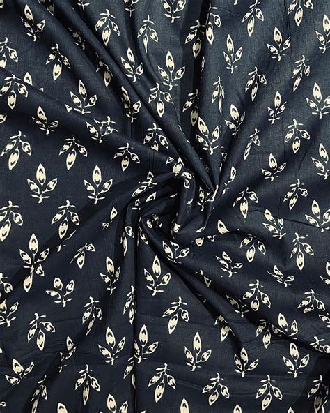 Navy Blue Block Printed Cotton Fabric | Mezenor