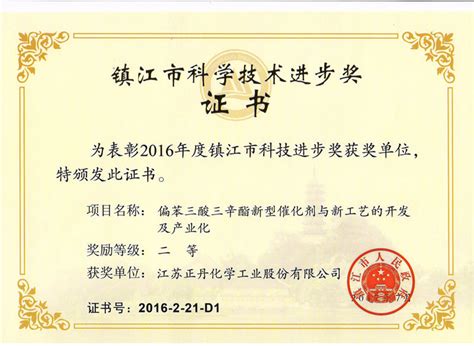 镇江市科学技术进步奖证书--江苏正丹化学工业股份有限公司