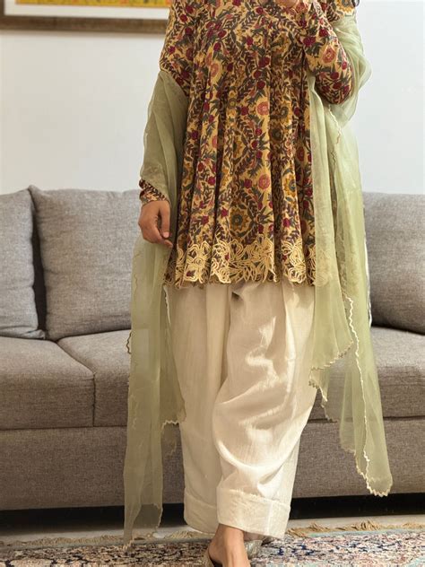 Beige Block printed cotton embroidered Anarkali with Farshi Salwar ...