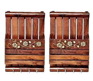 Wooden Letter Rank, Key Holder with 4 Hooks Set of 2 Pieces, with Inlay ...
