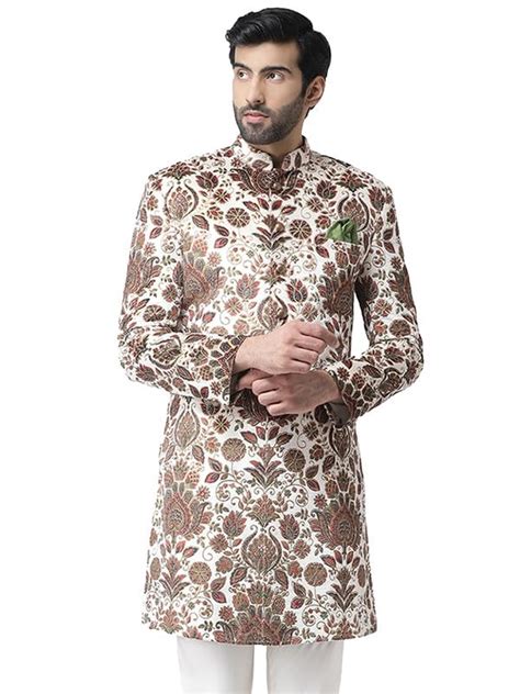 Buy KISAH Men's Indo Western Sherwani, Off White Velvet, Printed ...