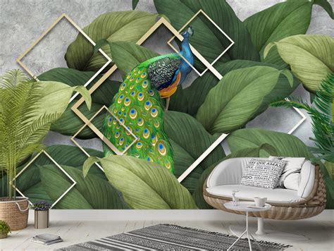 Peacock With Green Leaves and Geometric Background wallpaper for wall ...