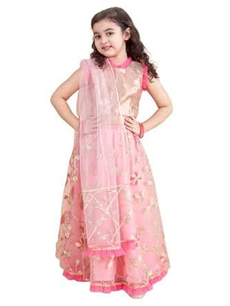 Buy Pspeaches Girls Pink Gold-Toned Embroidered Ready To Wear Lehenga ...