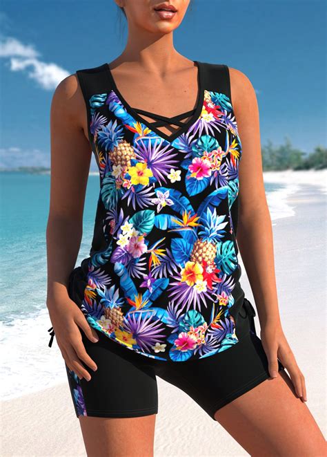Floral Print Black Cross Strap Tankini Set | modlily.com - USD 36.98 ...