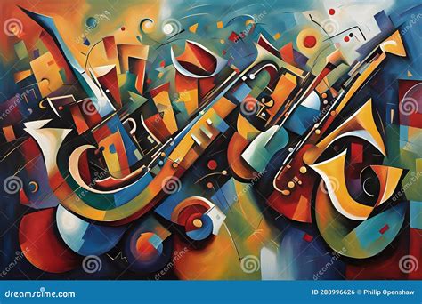 Jazz Themed Cubist Style Abstract Painting of Musical Instruments Stock ...