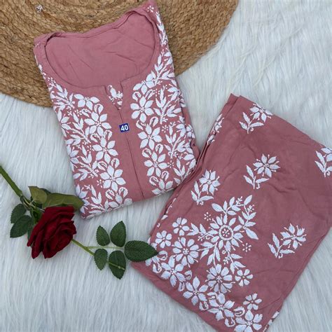 Maya Rayon Chikankari Kurti Plazo Set - Blush Colour – Chikankaar