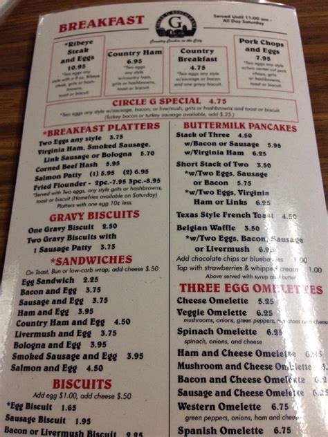 Menu at Circle G Restaurant, Charlotte