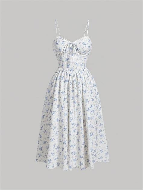 SHEIN MOD Plus Size Women's Blue Ditsy Floral Print Lace Trimmed ...