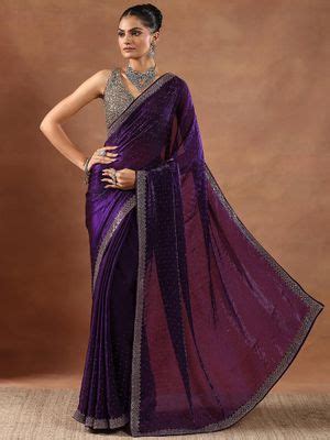 Buy Libas Embellished Wine Organza Saree with Unstitched Blouse with ...
