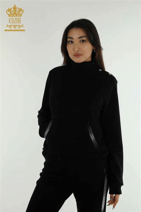 Wholesale Women's Tracksuit Set Black with Stone Embroidery - 17563 | KAZEE