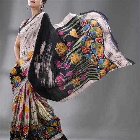 Offwhite with multicolour Ivory Lotus Blossom Batik Silk Saree – Tamal ...