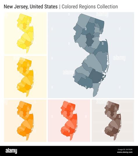 New Jersey, United States. Map collection. State shape. Colored counties. Blue Grey, Yellow ...