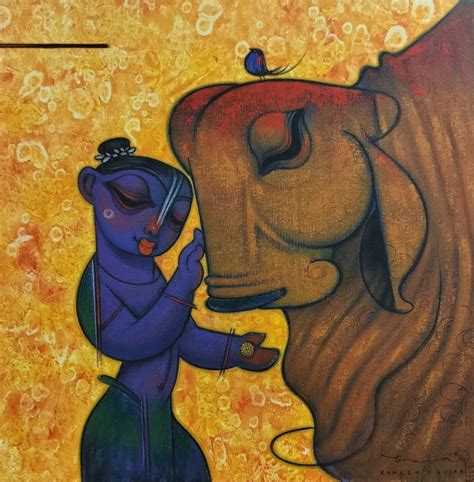 "Krishna With Cow 2": Yellow Religious painting by Ramesh Gujar ...