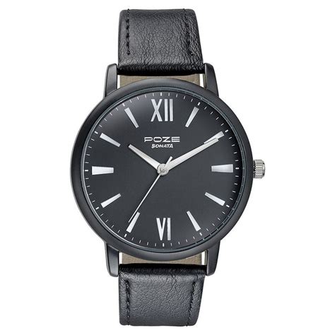 Sonata Poze Quartz Analog Black Dial Leather Strap Watch for Men