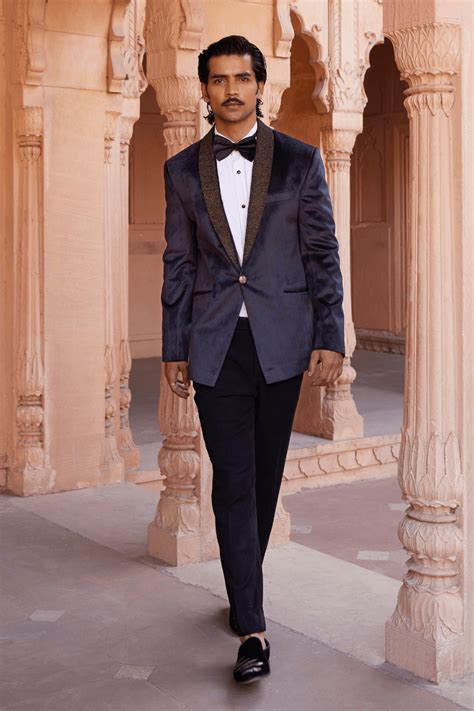 Timeless Blue Black Chanderi Tuxedo With Metal Tikki