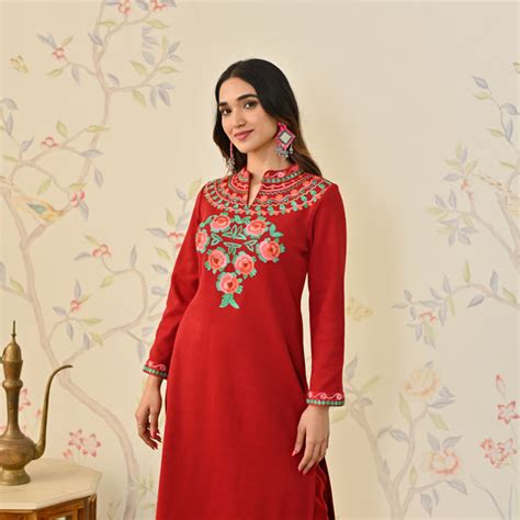 Buy Maroon Woollen Aari Embroidered Floral Kurta with Band Collar ...
