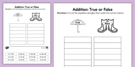 First Grade Spring Addition to 20 True False Cut and Paste
