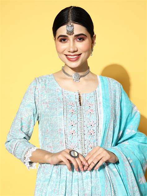 Buy Ishin Women's Blue Yoke Design High Slit Kurta with Trouser ...