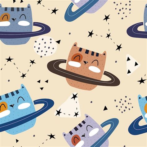 Padrão perfeito com gatos de desenho animado no espaço | Vetor Premium