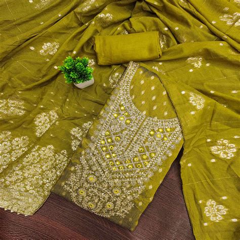 Olive Embroidered Shimmer Fabric with Beautiful Zari Work for Unstitch