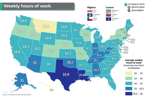 Average length of the work week in the US : r/MapPorn