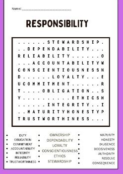 Responsibility Word Search puzzles worksheet activity | TPT