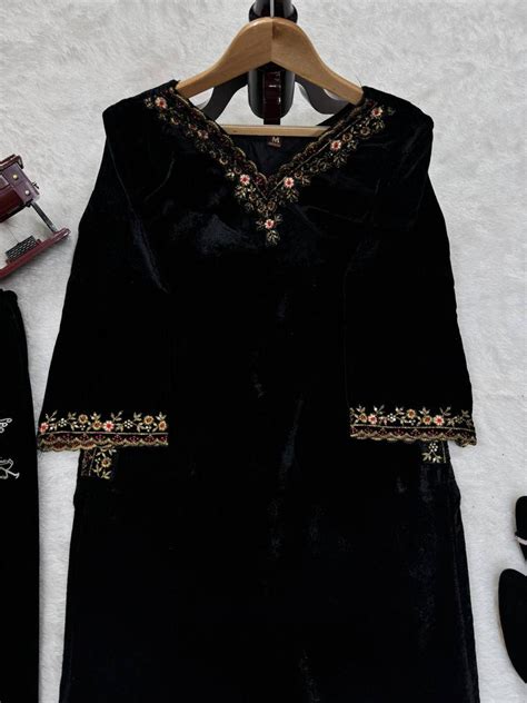 Black Luxurious Viscose Velvet Co-Ord Set with Sequin Thread