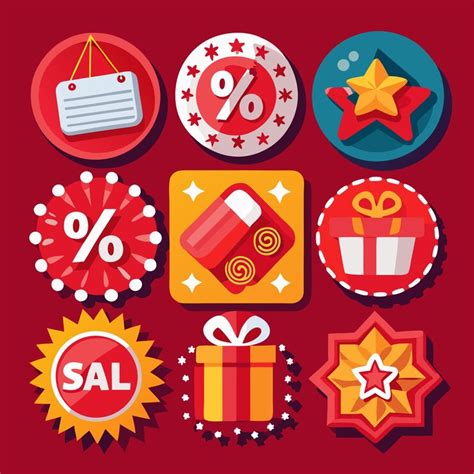 Collection of colorful sale icons discount badges and gift box symbols ...
