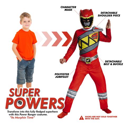 Red Power Rangers Costume for Kids. Official Licensed Red Ranger Dino ...