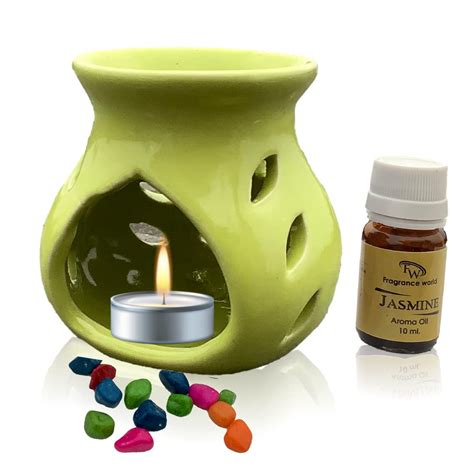 Green Ceramic Aroma Burner/Oil Diffuser with Tealight Candle, Stones ...