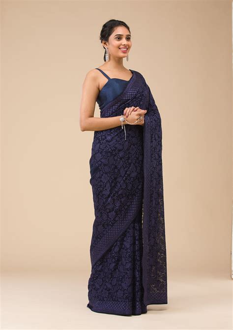 Buy Navy Blue Threadwork Georgette Saree - Koskii