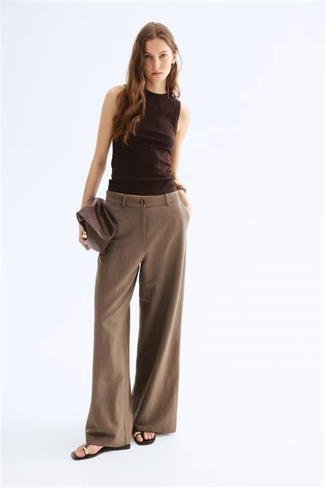 Wide linen-blend trousers - Dark beige - Ladies | H&M IN