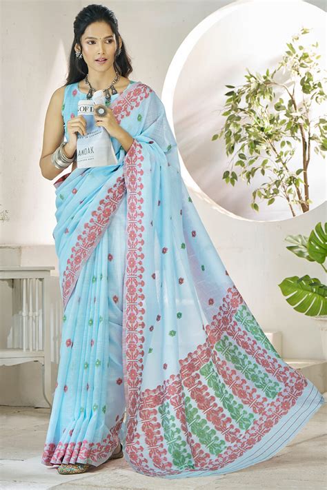 Powder Blue Soft Linen Silk Saree – Armima