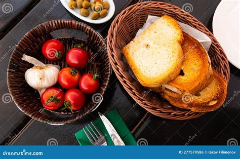Traditional Spanish Snack, Pa Amb Tomaquet, Served O Wooden Table Stock ...