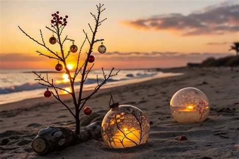 Download Christmas Tree And Ornaments On A Sandy Beach View Wallpaper ...