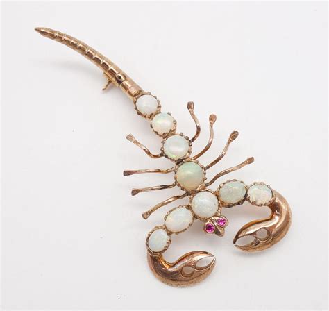At Auction: VINTAGE SRI LANKA OPAL RUBY 14K ROSE GOLD SCORPION BROOCH PIN