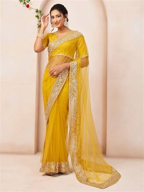 Mustard Embroidered Sequinned Net Saree– Inddus.in