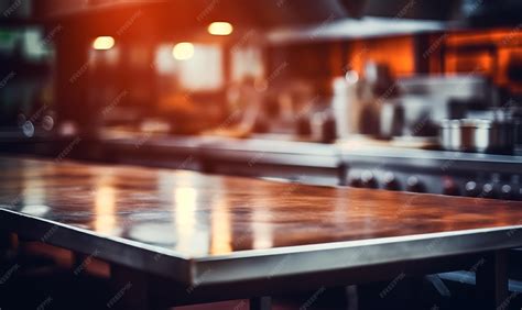 Empty metal table blurred professional restaurant kitchen background ...