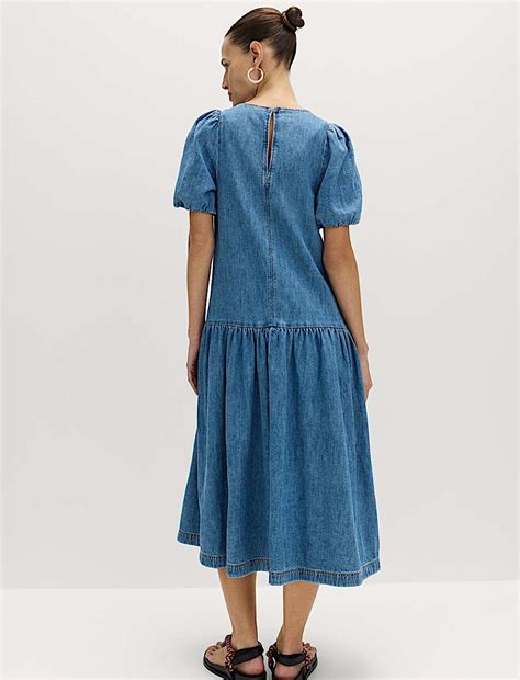 Buy Denim Puff Sleeve Midi Drop Waist Dress at Marks & Spencer