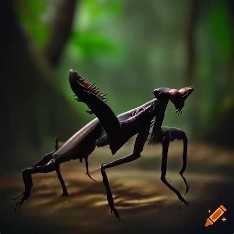 Giant black armored praying mantis in a dark forest on Craiyon